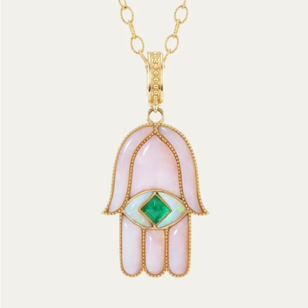 Orly Marcel Inspired Pink Opal and Emerald Amulet Hamsa- Custom Made